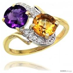 14k Gold ( 7 mm ) Double Stone Engagement Amethyst & Citrine Ring w/ 0.05 Carat Brilliant Cut Diamonds & 2.34 Carats Round