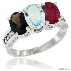 10K White Gold Natural Smoky Topaz, Aquamarine & Ruby Ring 3-Stone Oval 7x5 mm Diamond Accent