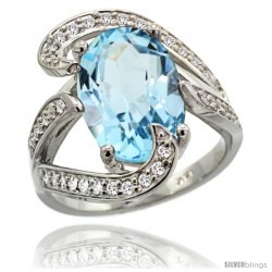 14k White Gold Sky Blue Topaz Engagement Ring 7.10 Carats Oval Cut Stone 0.74 cttw Diamonds, 3/4 in