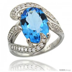 14k White Gold Natural Swiss Blue Topaz Ring Oval 14x10 Diamond Accent, 3/4 in wide