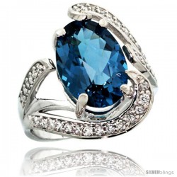 14k White Gold Natural London Blue Topaz Ring Oval 14x10 Diamond Accent, 3/4 in wide