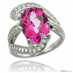 14k White Gold Natural Pink Topaz Ring Oval 14x10 Diamond Accent, 3/4 in wide