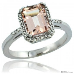 Sterling Silver Diamond Morganite Ring 1.6 ct Emerald Shape 8x6 mm, 1/2 in wide -Style Cwg13129