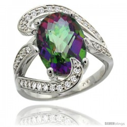 14k White Gold Natural Mystic Topaz Ring Oval 14x10 Diamond Accent, 3/4 in wide