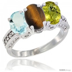 10K White Gold Natural Aquamarine, Tiger Eye & Lemon Quartz Ring 3-Stone Oval 7x5 mm Diamond Accent