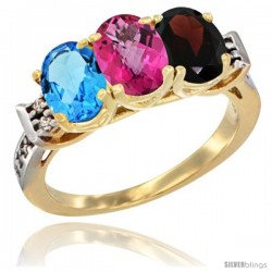 10K Yellow Gold Natural Swiss Blue Topaz, Pink Topaz & Garnet Ring 3-Stone Oval 7x5 mm Diamond Accent