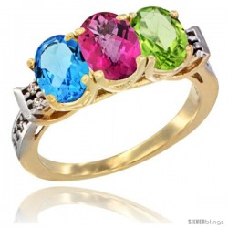 10K Yellow Gold Natural Swiss Blue Topaz, Pink Topaz & Peridot Ring 3-Stone Oval 7x5 mm Diamond Accent