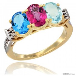 10K Yellow Gold Natural Swiss Blue Topaz, Pink Topaz & Aquamarine Ring 3-Stone Oval 7x5 mm Diamond Accent