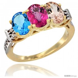 10K Yellow Gold Natural Swiss Blue Topaz, Pink Topaz & Morganite Ring 3-Stone Oval 7x5 mm Diamond Accent