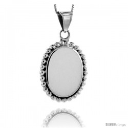 Sterling Silver Beaded Oval Engravable Disc Pendant Rope Edge 1 5/16 in tall