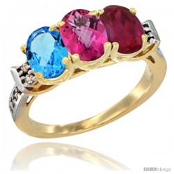 10K Yellow Gold Natural Swiss Blue Topaz, Pink Topaz & Ruby Ring 3-Stone Oval 7x5 mm Diamond Accent