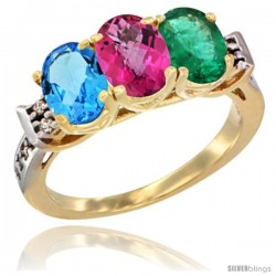 10K Yellow Gold Natural Swiss Blue Topaz, Pink Topaz & Emerald Ring 3-Stone Oval 7x5 mm Diamond Accent