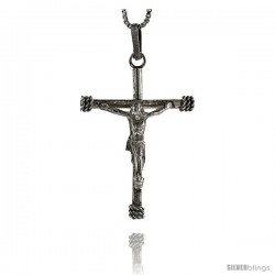 Sterling Silver Cross Crucifix Crucified Jesus Pendant w/ Rope Edge Design, 1 3/8 in tall
