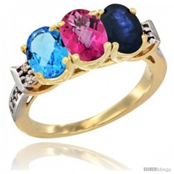 10K Yellow Gold Natural Swiss Blue Topaz, Pink Topaz & Blue Sapphire Ring 3-Stone Oval 7x5 mm Diamond Accent