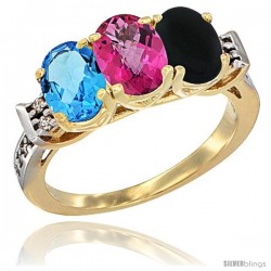 10K Yellow Gold Natural Swiss Blue Topaz, Pink Topaz & Black Onyx Ring 3-Stone Oval 7x5 mm Diamond Accent