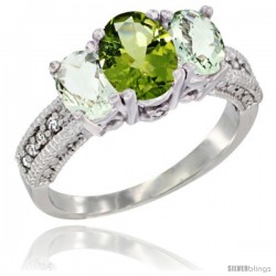 14k White Gold Ladies Oval Natural Peridot 3-Stone Ring with Green Amethyst Sides Diamond Accent