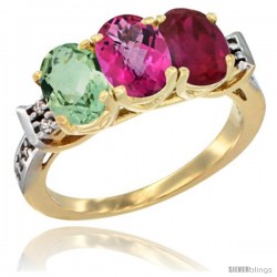 10K Yellow Gold Natural Green Amethyst, Pink Topaz & Ruby Ring 3-Stone Oval 7x5 mm Diamond Accent