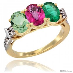 10K Yellow Gold Natural Green Amethyst, Pink Topaz & Emerald Ring 3-Stone Oval 7x5 mm Diamond Accent