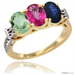 10K Yellow Gold Natural Green Amethyst, Pink Topaz & Blue Sapphire Ring 3-Stone Oval 7x5 mm Diamond Accent