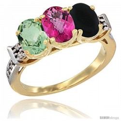 10K Yellow Gold Natural Green Amethyst, Pink Topaz & Black Onyx Ring 3-Stone Oval 7x5 mm Diamond Accent