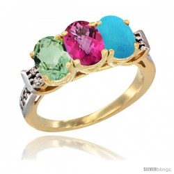 10K Yellow Gold Natural Green Amethyst, Pink Topaz & Turquoise Ring 3-Stone Oval 7x5 mm Diamond Accent