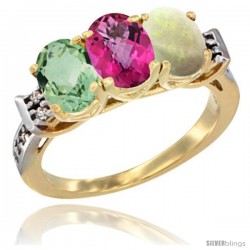 10K Yellow Gold Natural Green Amethyst, Pink Topaz & Opal Ring 3-Stone Oval 7x5 mm Diamond Accent