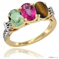 10K Yellow Gold Natural Green Amethyst, Pink Topaz & Tiger Eye Ring 3-Stone Oval 7x5 mm Diamond Accent