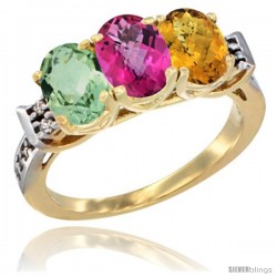 10K Yellow Gold Natural Green Amethyst, Pink Topaz & Whisky Quartz Ring 3-Stone Oval 7x5 mm Diamond Accent