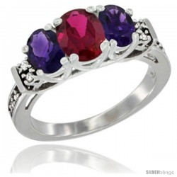 14K White Gold Natural High Quality Ruby & Amethyst Ring 3-Stone Oval with Diamond Accent