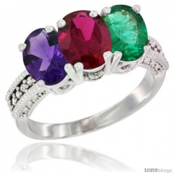 14K White Gold Natural Amethyst, Ruby & Emerald Ring 3-Stone 7x5 mm Oval Diamond Accent