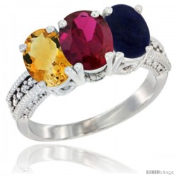 14K White Gold Natural Citrine, Ruby & Lapis Ring 3-Stone 7x5 mm Oval Diamond Accent