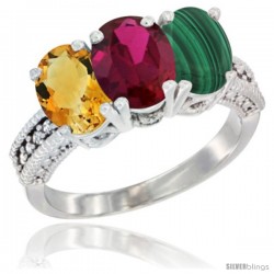 14K White Gold Natural Citrine, Ruby & Malachite Ring 3-Stone 7x5 mm Oval Diamond Accent