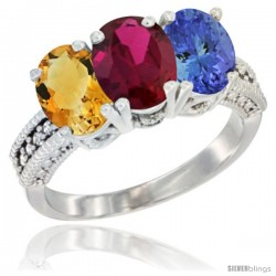 14K White Gold Natural Citrine, Ruby & Tanzanite Ring 3-Stone 7x5 mm Oval Diamond Accent