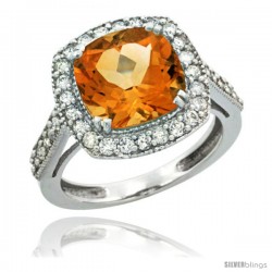 14k White Gold Diamond Halo Citrine Ring Checkerboard Cushion 9 mm 2.4 ct 1/2 in wide