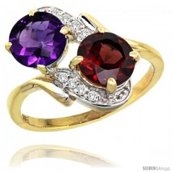 14k Gold ( 7 mm ) Double Stone Engagement Amethyst & Garnet Ring w/ 0.05 Carat Brilliant Cut Diamonds & 2.34 Carats Round