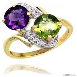 14k Gold ( 7 mm ) Double Stone Engagement Amethyst & Peridot Ring w/ 0.05 Carat Brilliant Cut Diamonds & 2.34 Carats Round