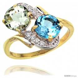 14k Gold ( 7 mm ) Double Stone Engagement Green Amethyst & Swiss Blue Topaz Ring w/ 0.05 Carat Brilliant Cut Diamonds & 2.34