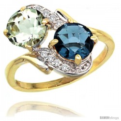 14k Gold ( 7 mm ) Double Stone Engagement Green Amethyst & London Blue Topaz Ring w/ 0.05 Carat Brilliant Cut Diamonds & 2.34