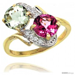 14k Gold ( 7 mm ) Double Stone Engagement Green Amethyst & Pink Topaz Ring w/ 0.05 Carat Brilliant Cut Diamonds & 2.34 Carats