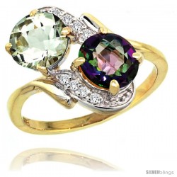 14k Gold ( 7 mm ) Double Stone Engagement Green Amethyst & Mystic Topaz Ring w/ 0.05 Carat Brilliant Cut Diamonds & 2.34 Carats