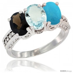 10K White Gold Natural Smoky Topaz, Aquamarine & Turquoise Ring 3-Stone Oval 7x5 mm Diamond Accent