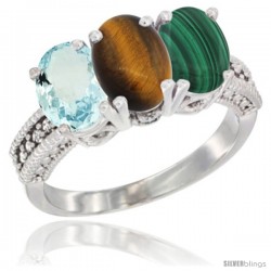 10K White Gold Natural Aquamarine, Tiger Eye & Malachite Ring 3-Stone Oval 7x5 mm Diamond Accent