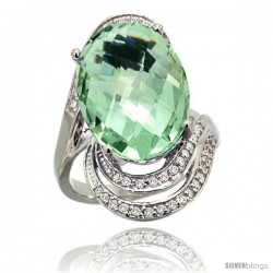 14k White Gold Natural Green Amethyst Ring 16x12 mm Oval Shape Diamond Halo, 1 in