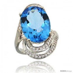 14k White Gold Natural Swiss Blue Topaz Ring 16x12 mm Oval Shape Diamond Halo, 1 in