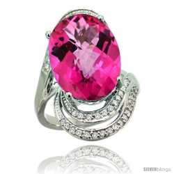 14k White Gold Natural Pink Topaz Ring 16x12 mm Oval Shape Diamond Halo, 1 in