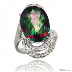 14k White Gold Natural Mystic Topaz Ring 16x12 mm Oval Shape Diamond Halo, 1 in