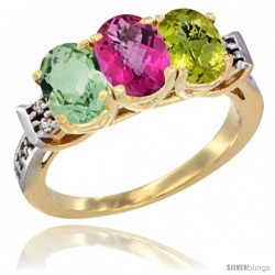 10K Yellow Gold Natural Green Amethyst, Pink Topaz & Lemon Quartz Ring 3-Stone Oval 7x5 mm Diamond Accent