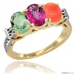 10K Yellow Gold Natural Green Amethyst, Pink Topaz & Coral Ring 3-Stone Oval 7x5 mm Diamond Accent