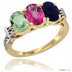 10K Yellow Gold Natural Green Amethyst, Pink Topaz & Lapis Ring 3-Stone Oval 7x5 mm Diamond Accent