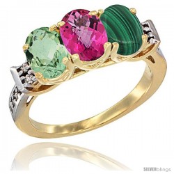 10K Yellow Gold Natural Green Amethyst, Pink Topaz & Malachite Ring 3-Stone Oval 7x5 mm Diamond Accent